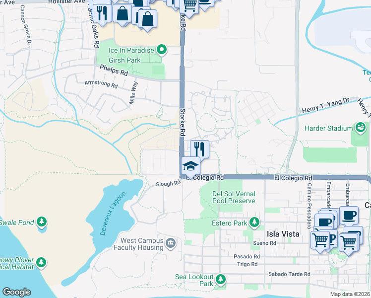 map of restaurants, bars, coffee shops, grocery stores, and more near 565 Sweet Rain Place in Goleta