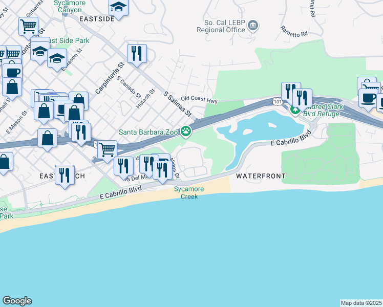 map of restaurants, bars, coffee shops, grocery stores, and more near 247 Por La Mar Circle in Santa Barbara