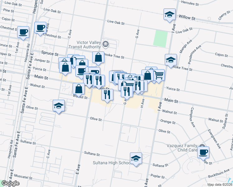 map of restaurants, bars, coffee shops, grocery stores, and more near 17123 Main Street in Hesperia
