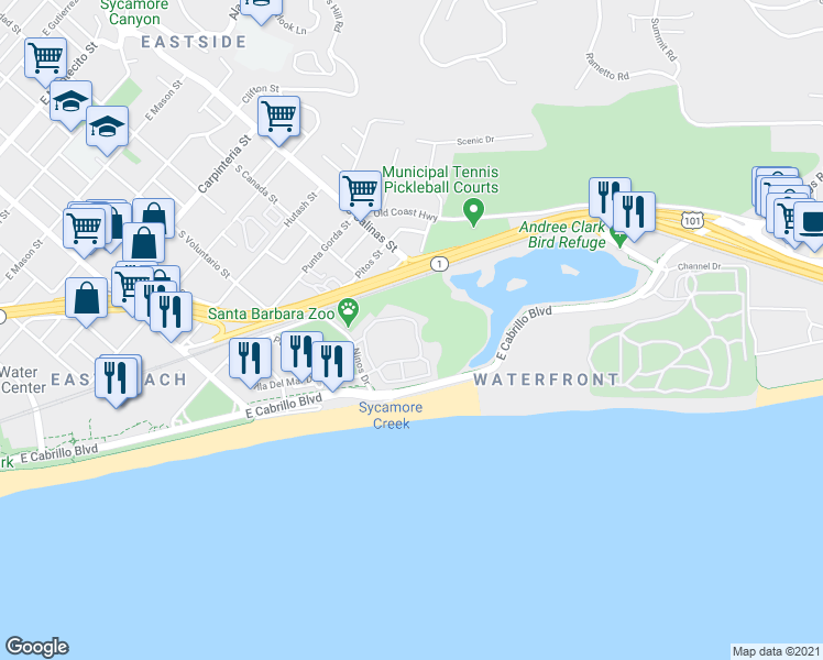 map of restaurants, bars, coffee shops, grocery stores, and more near 349 Por La Mar Circle in Santa Barbara