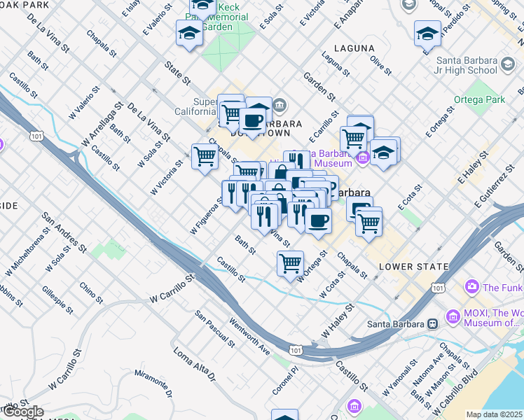 map of restaurants, bars, coffee shops, grocery stores, and more near 910 De La Vina Street in Santa Barbara