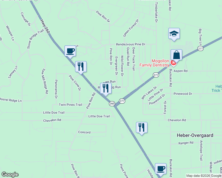 map of restaurants, bars, coffee shops, grocery stores, and more near 3414 Top View Road in Heber-Overgaard