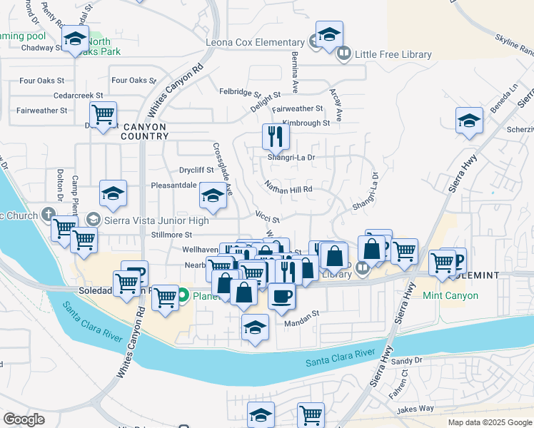 map of restaurants, bars, coffee shops, grocery stores, and more near 18829 Vicci Street in Santa Clarita