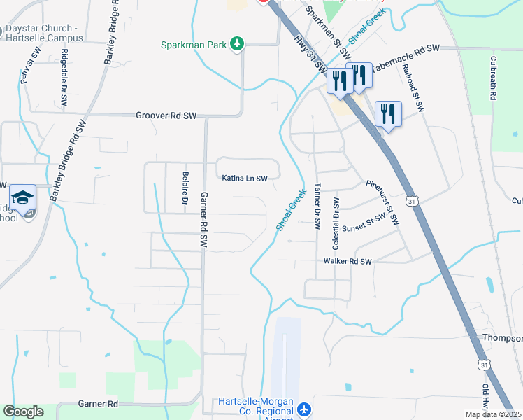 map of restaurants, bars, coffee shops, grocery stores, and more near 501 Foxridge Drive Southwest in Hartselle
