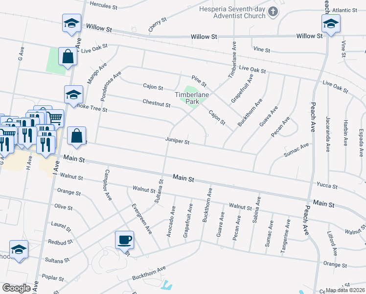 map of restaurants, bars, coffee shops, grocery stores, and more near 17911 Juniper Street in Hesperia