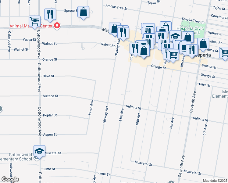 map of restaurants, bars, coffee shops, grocery stores, and more near 9289 Hickory Avenue in Hesperia