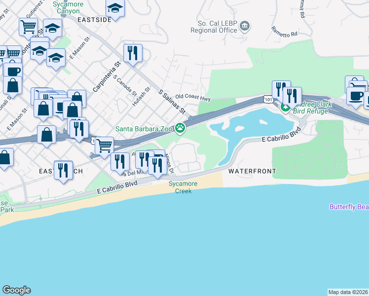 map of restaurants, bars, coffee shops, grocery stores, and more near 218 Por La Mar Circle in Santa Barbara