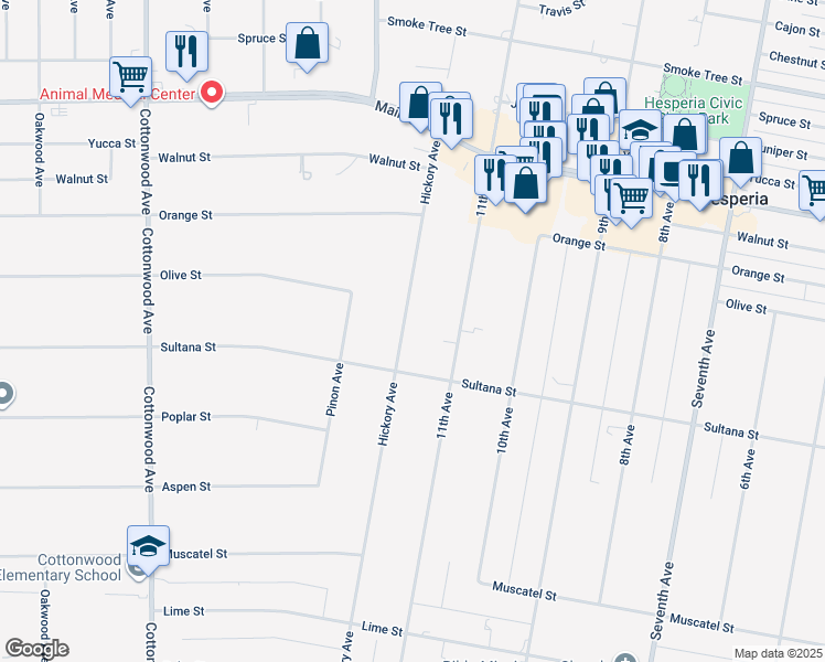 map of restaurants, bars, coffee shops, grocery stores, and more near 9289 Hickory Avenue in Hesperia
