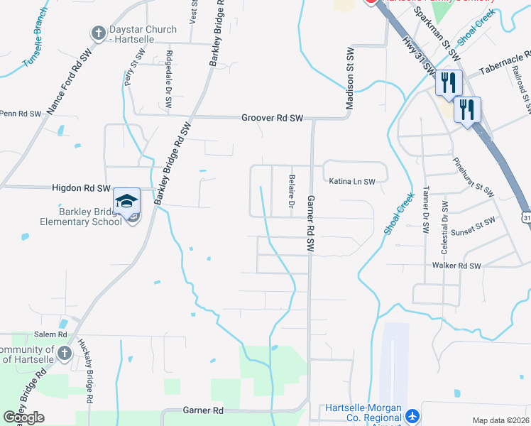 map of restaurants, bars, coffee shops, grocery stores, and more near 612 Fairlane Drive Southwest in Hartselle