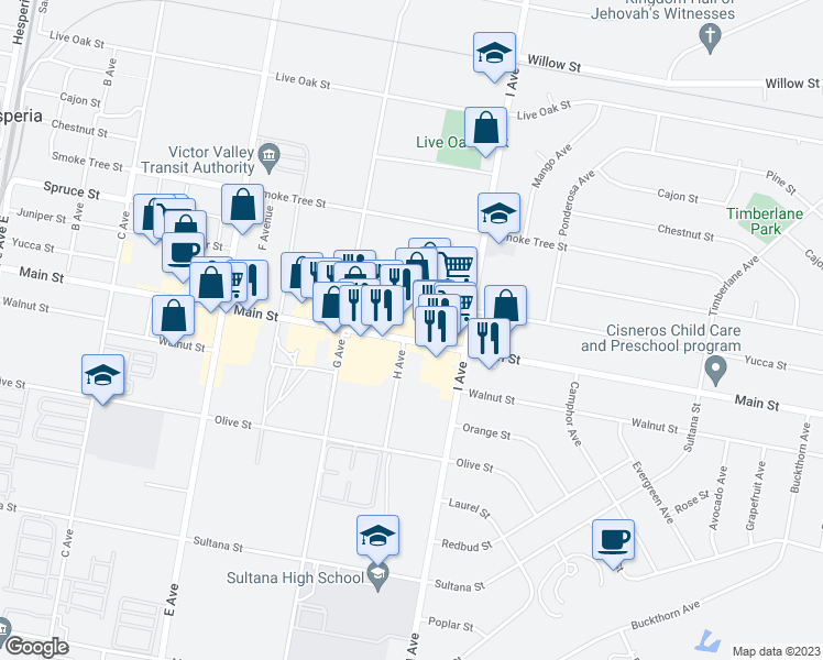 map of restaurants, bars, coffee shops, grocery stores, and more near 17326 Main Street in Hesperia