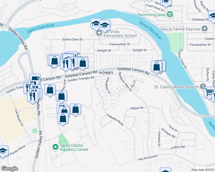 map of restaurants, bars, coffee shops, grocery stores, and more near 26838 Claudette Street in Santa Clarita