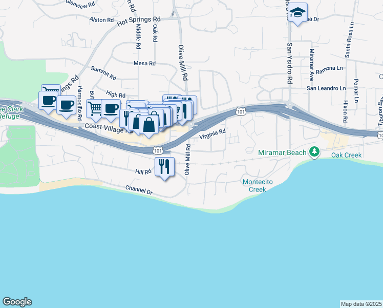 map of restaurants, bars, coffee shops, grocery stores, and more near 62 Olive Mill Road in Montecito