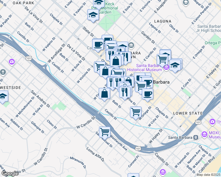 map of restaurants, bars, coffee shops, grocery stores, and more near 1026 Bath Street in Santa Barbara