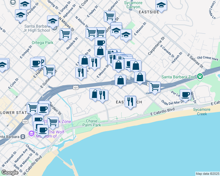 map of restaurants, bars, coffee shops, grocery stores, and more near 24 South Quarantina Street in Santa Barbara