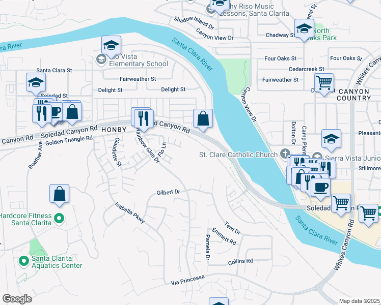 map of restaurants, bars, coffee shops, grocery stores, and more near 26926 Flo Lane in Santa Clarita
