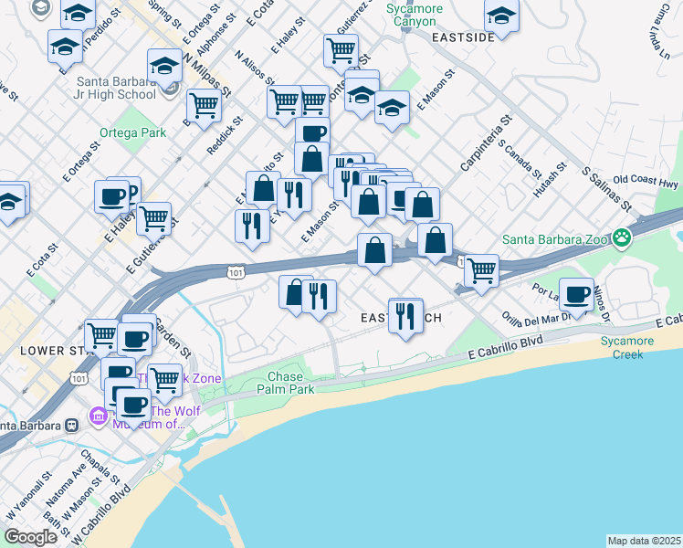 map of restaurants, bars, coffee shops, grocery stores, and more near 24 South Quarantina Street in Santa Barbara