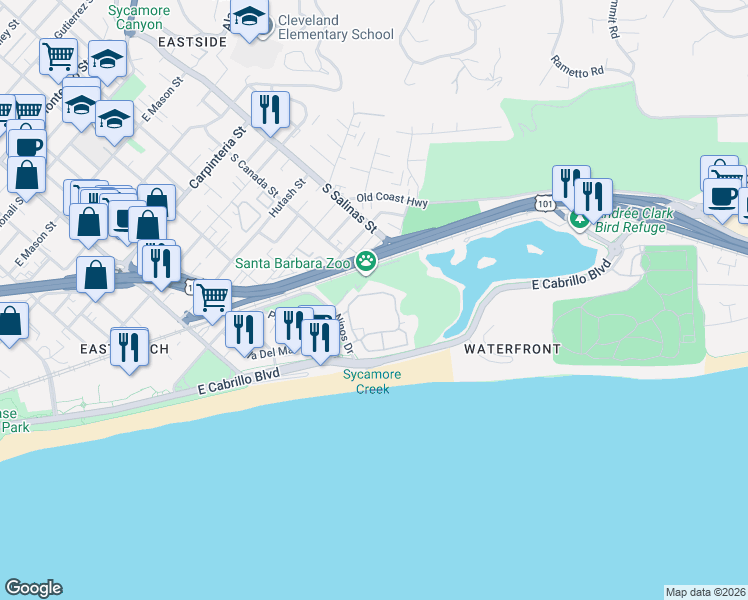 map of restaurants, bars, coffee shops, grocery stores, and more near 436 Por La Mar Circle in Santa Barbara
