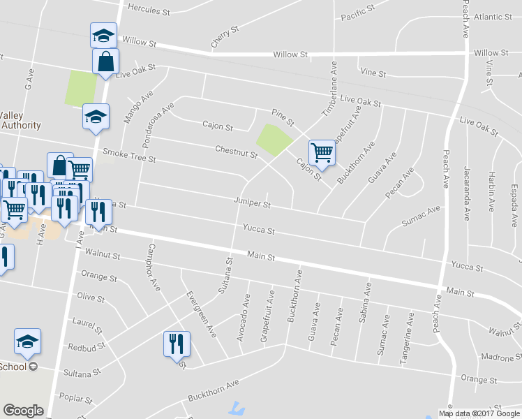 map of restaurants, bars, coffee shops, grocery stores, and more near 17911 Juniper Street in Hesperia