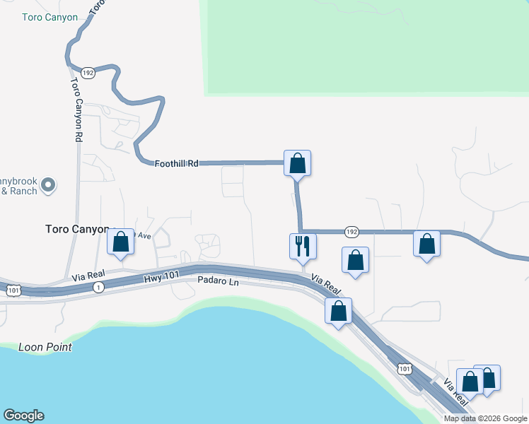 map of restaurants, bars, coffee shops, grocery stores, and more near 3300 Via Real in Carpinteria