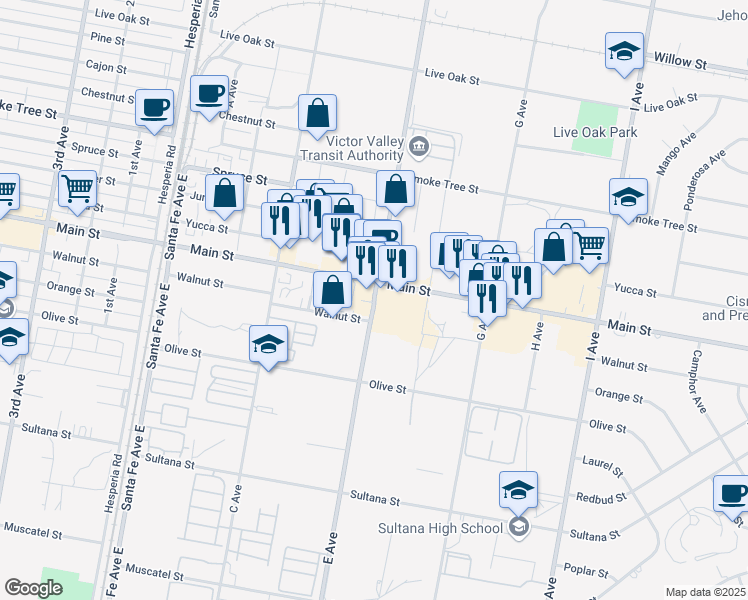 map of restaurants, bars, coffee shops, grocery stores, and more near E Avenue in Hesperia