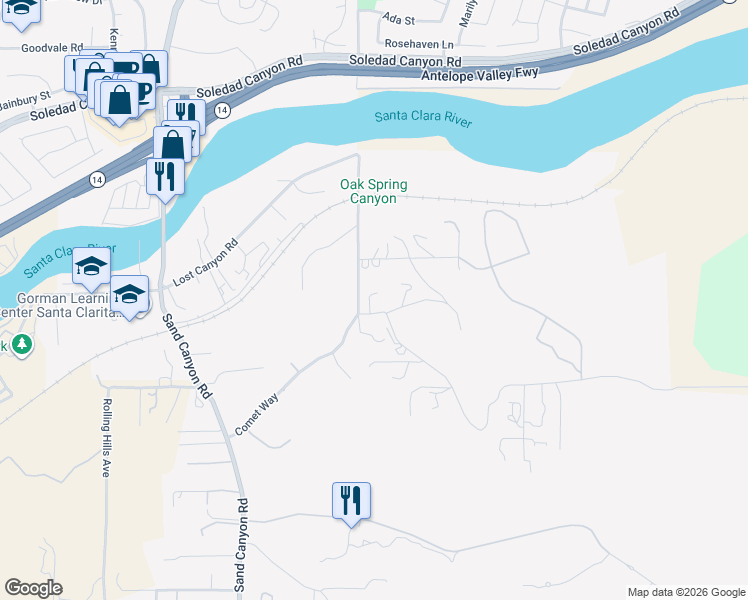 map of restaurants, bars, coffee shops, grocery stores, and more near 2811 Oak Springs Canyon Road in Santa Clarita