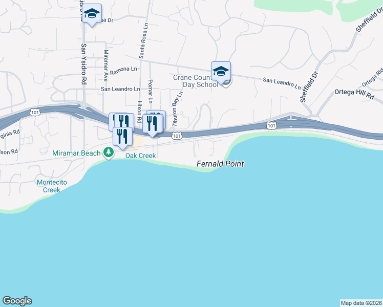 map of restaurants, bars, coffee shops, grocery stores, and more near 1703 Fernald Point Lane in Montecito