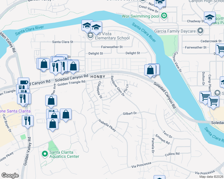 map of restaurants, bars, coffee shops, grocery stores, and more near 26941 Rainbow Glen Drive in Santa Clarita