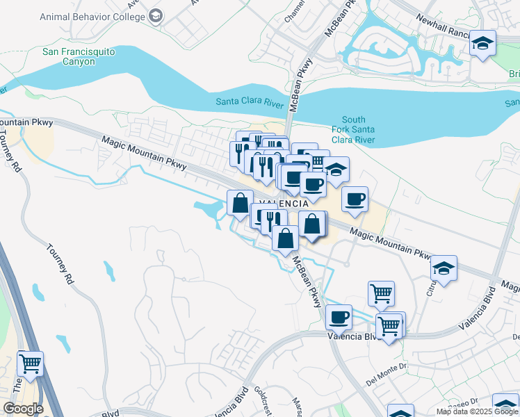 map of restaurants, bars, coffee shops, grocery stores, and more near 24565 Town Center Drive in Santa Clarita