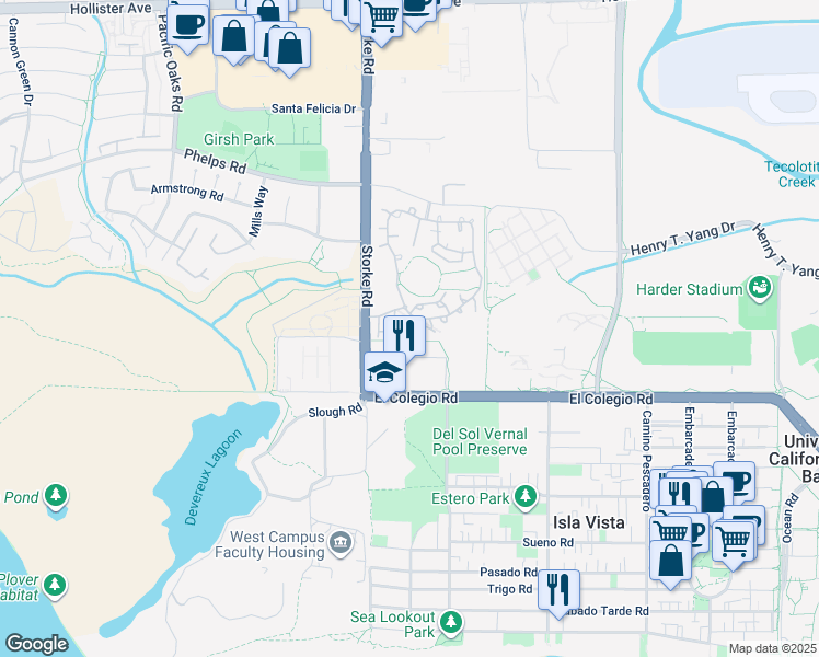 map of restaurants, bars, coffee shops, grocery stores, and more near 581 Poppyfield Place in Goleta