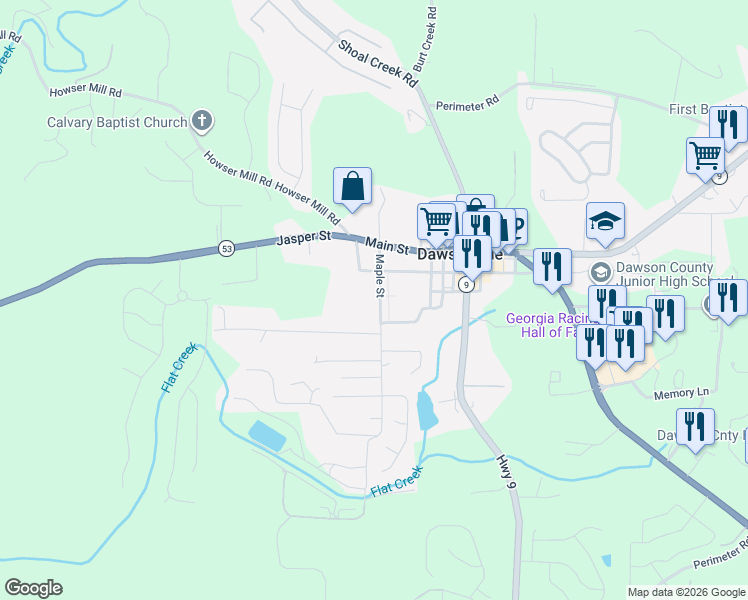 map of restaurants, bars, coffee shops, grocery stores, and more near 184 Maple Street in Dawsonville
