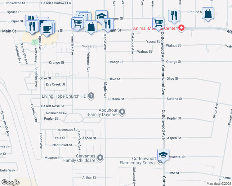 map of restaurants, bars, coffee shops, grocery stores, and more near 14572 Sultana Street in Hesperia