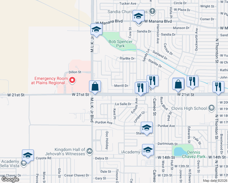 map of restaurants, bars, coffee shops, grocery stores, and more near 1929 West 21st Street in Clovis