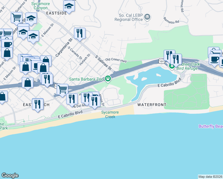 map of restaurants, bars, coffee shops, grocery stores, and more near 267 Por La Mar Circle in Santa Barbara