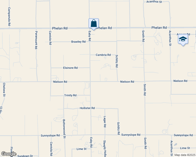 map of restaurants, bars, coffee shops, grocery stores, and more near 9322 Hollywood Court in Phelan