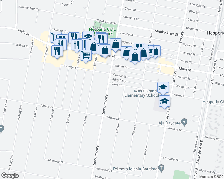 map of restaurants, bars, coffee shops, grocery stores, and more near 9299 7th Avenue in Hesperia