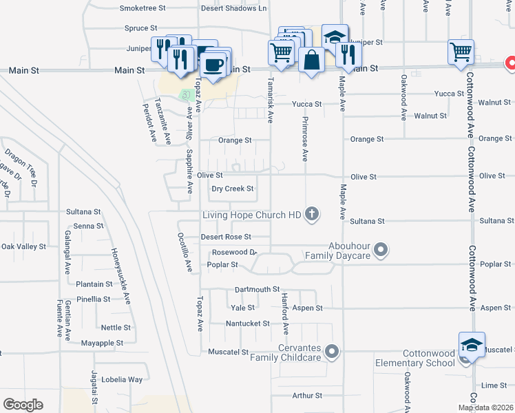 map of restaurants, bars, coffee shops, grocery stores, and more near 14271 Blackstone Street in Hesperia