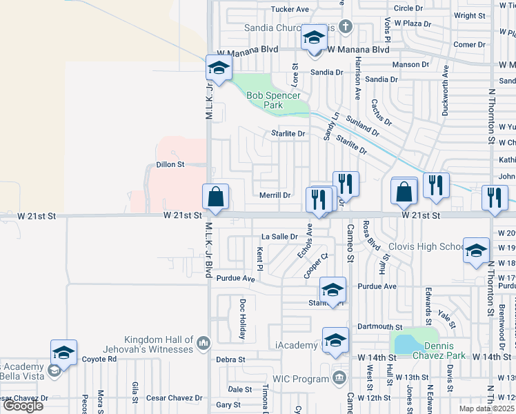 map of restaurants, bars, coffee shops, grocery stores, and more near 1928 West 21st Street in Clovis