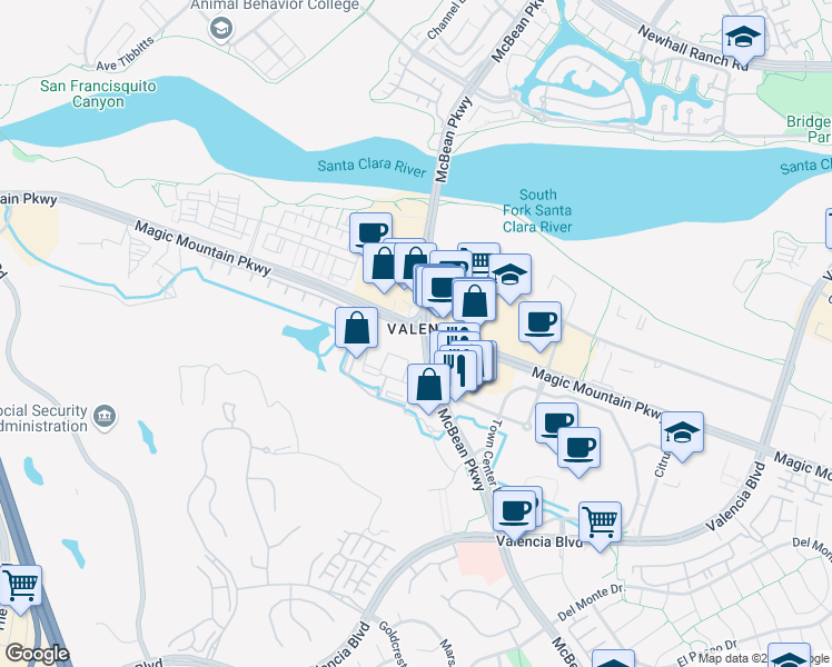 map of restaurants, bars, coffee shops, grocery stores, and more near 24535 Town Center Drive in Santa Clarita