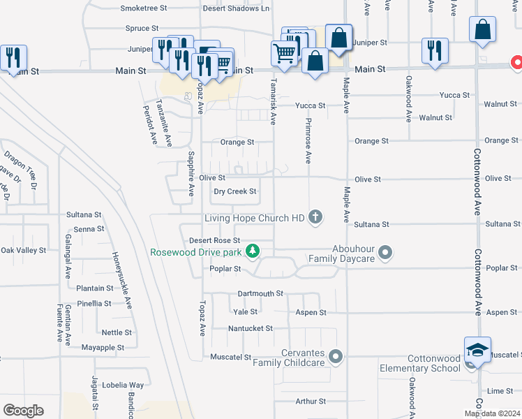 map of restaurants, bars, coffee shops, grocery stores, and more near 14271 Blackstone Street in Hesperia