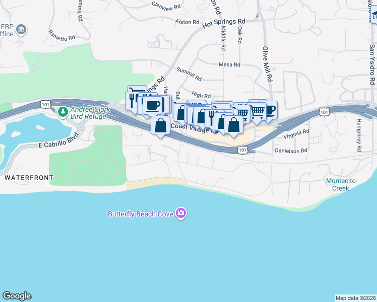 map of restaurants, bars, coffee shops, grocery stores, and more near 1112 Hill Road in Montecito