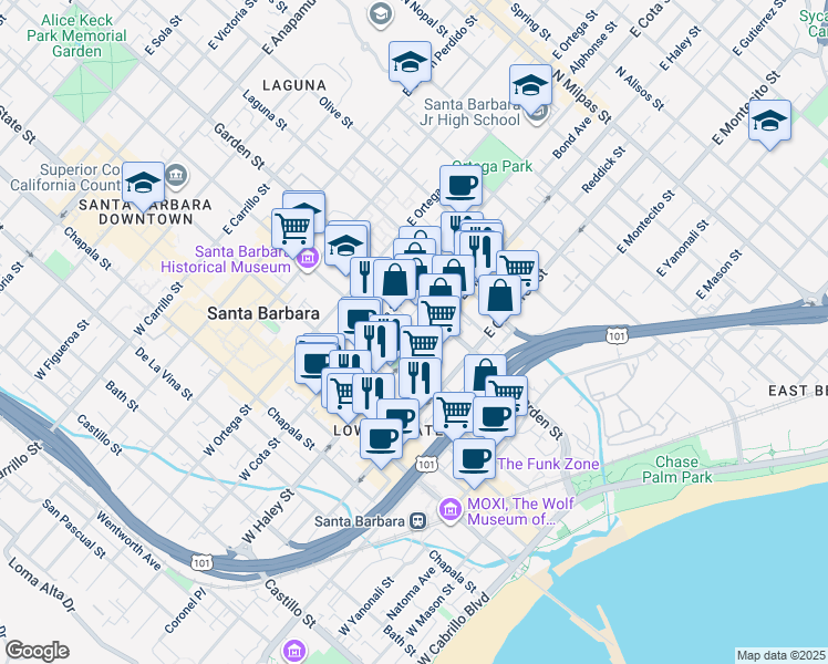 map of restaurants, bars, coffee shops, grocery stores, and more near 210 East Haley Street in Santa Barbara