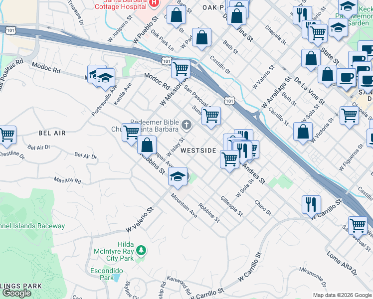 map of restaurants, bars, coffee shops, grocery stores, and more near 826 West Valerio Street in Santa Barbara