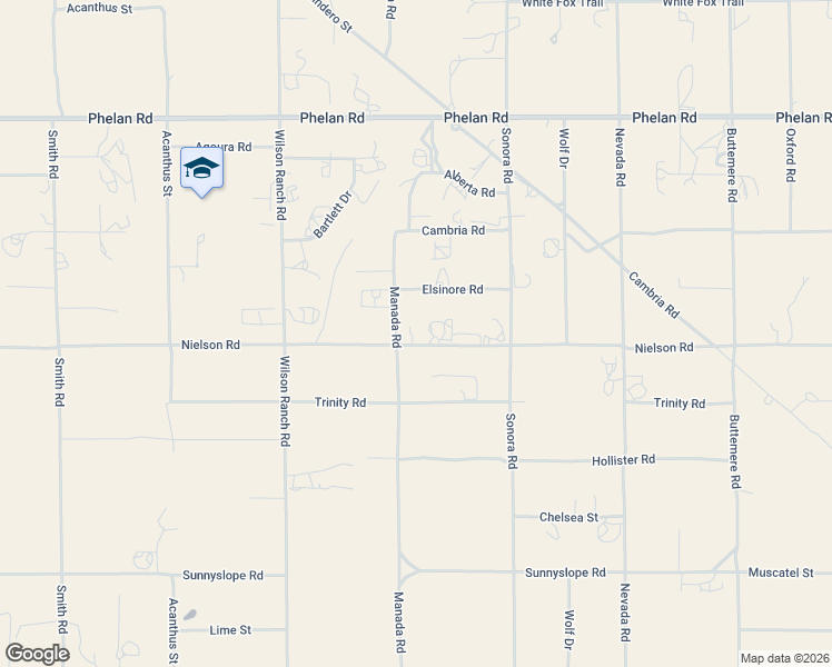 map of restaurants, bars, coffee shops, grocery stores, and more near 9331 Manada Road in Phelan