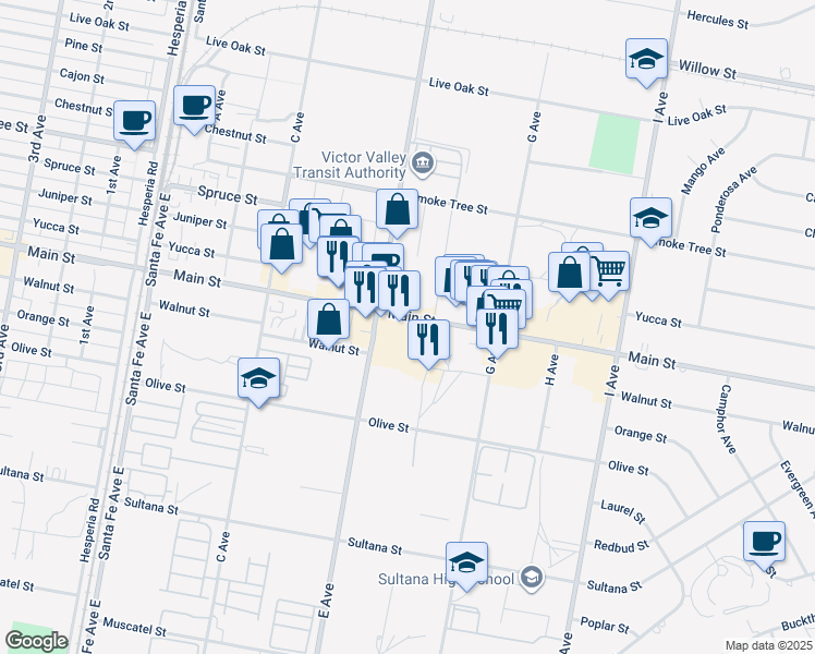 map of restaurants, bars, coffee shops, grocery stores, and more near 17043 Main Street in Hesperia