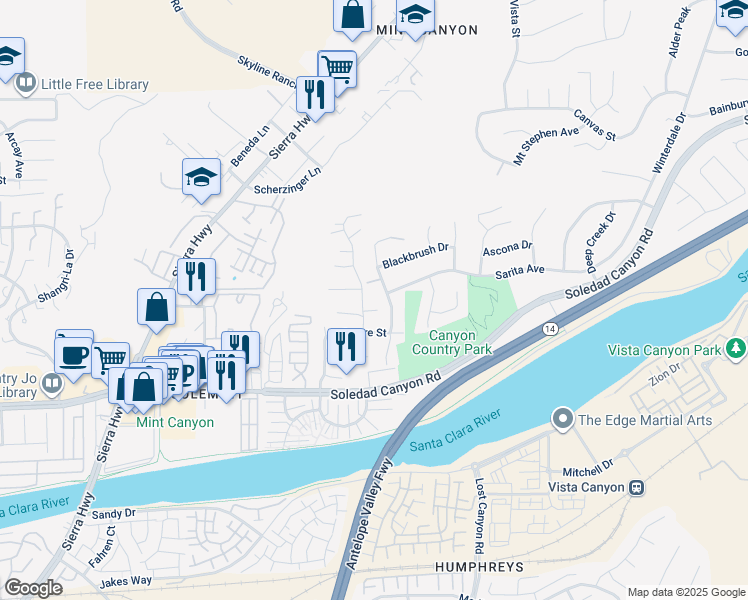 map of restaurants, bars, coffee shops, grocery stores, and more near 27933 Magic Mountain Lane in Santa Clarita