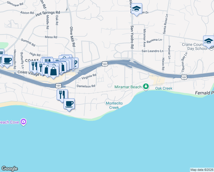 map of restaurants, bars, coffee shops, grocery stores, and more near 1437 South Jameson Lane in Montecito