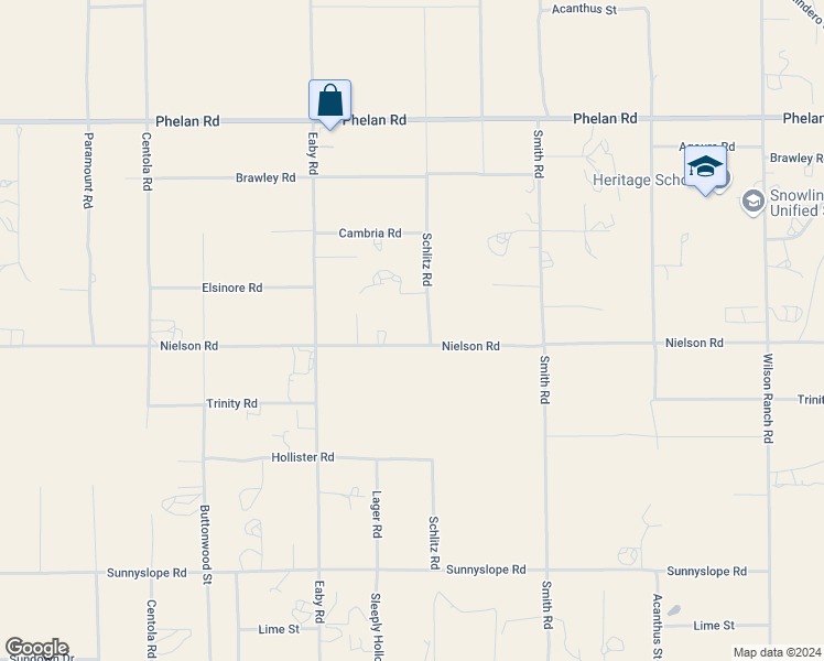 map of restaurants, bars, coffee shops, grocery stores, and more near 5874 Nielson Road in Phelan