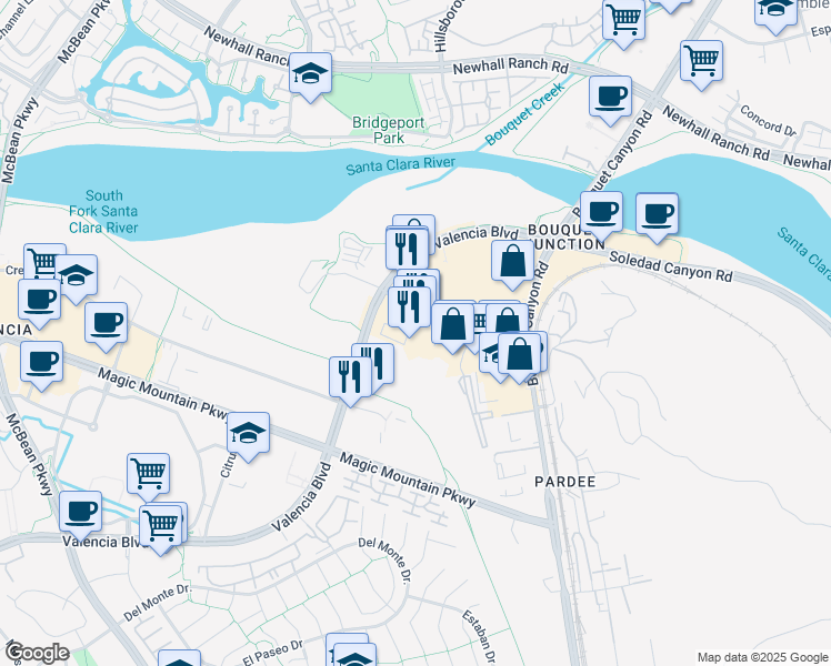 map of restaurants, bars, coffee shops, grocery stores, and more near 23520 Valencia Boulevard in Santa Clarita