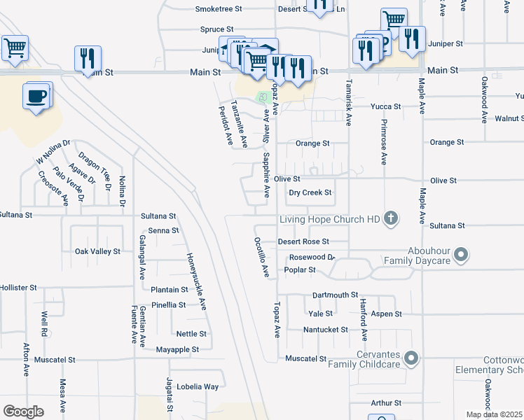map of restaurants, bars, coffee shops, grocery stores, and more near 14073 Ruby Street in Hesperia