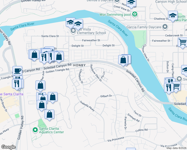 map of restaurants, bars, coffee shops, grocery stores, and more near 20312 Rue Crevier in Santa Clarita